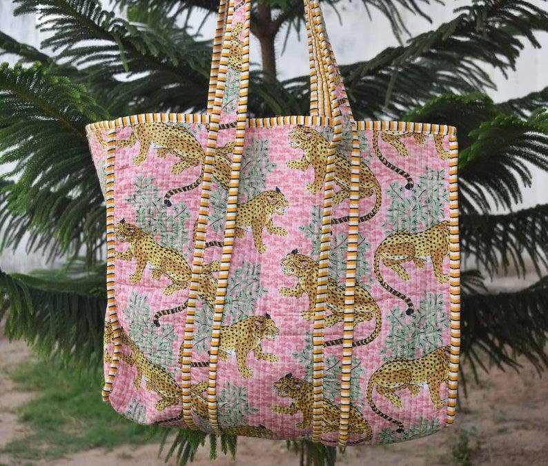 Hand Block Tiger Print Bag Women Quilting Cotton Indian Bags