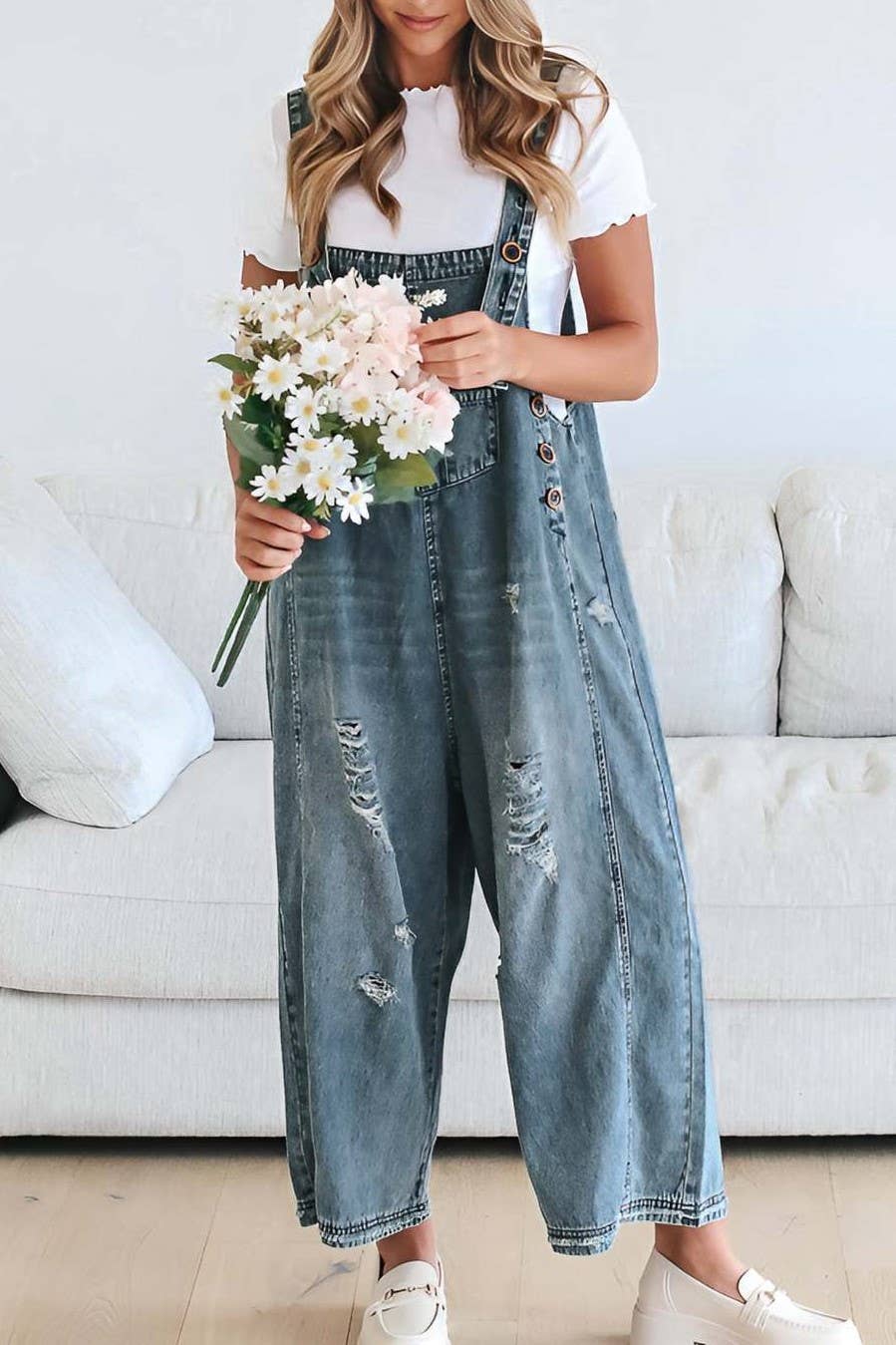 Shes Distressed Denim Overalll