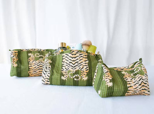 Green Quilted Striped Tiger Makeup Bag Green Quilted Striped