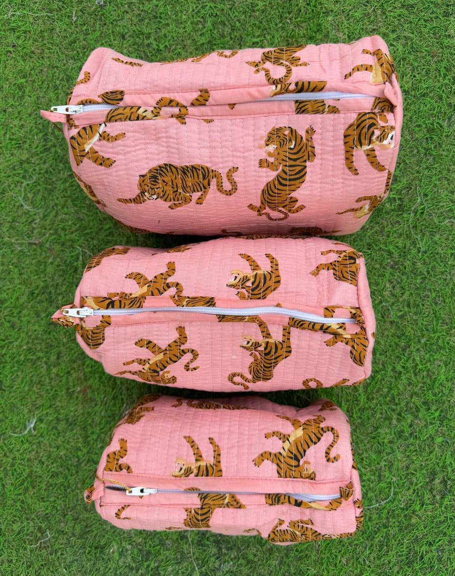 Light Pink Cotton Quilted Bag Tiger Printed Bag Cosmetic Bag