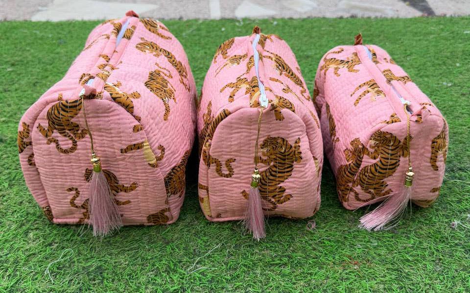Light Pink Cotton Quilted Bag Tiger Printed Bag Cosmetic Bag