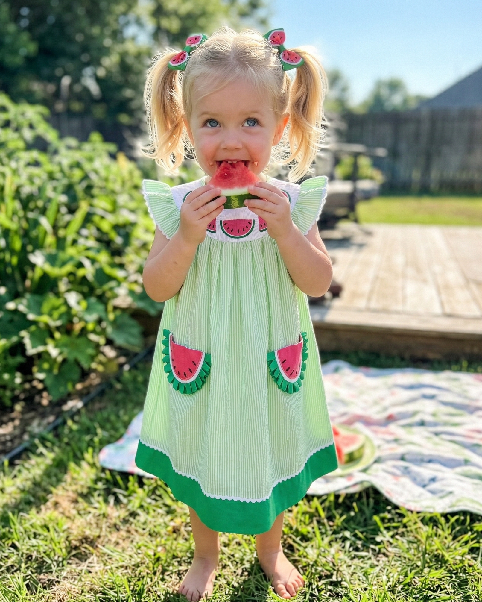 Green Seersucker Watermelon Smocked Bishop Dress