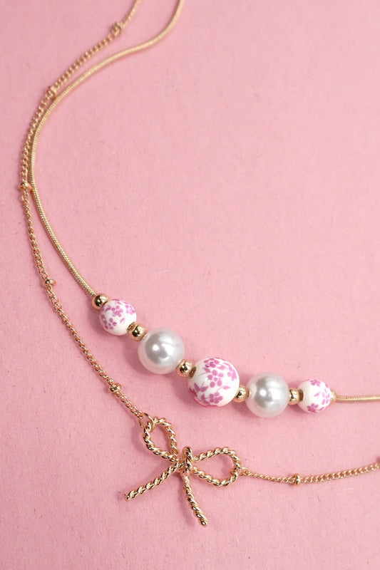 PORCELAIN PEARL BOW LAYER NECKLACE