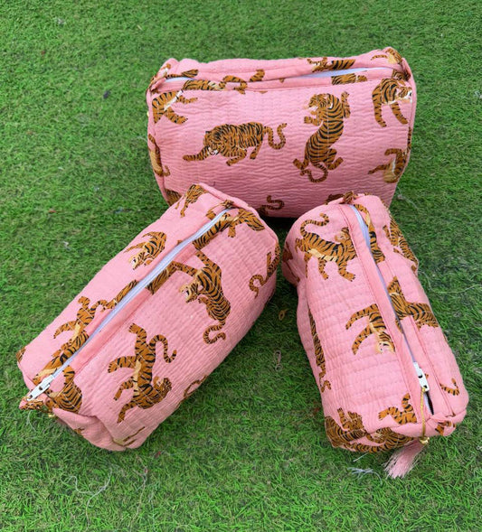Light Pink Cotton Quilted Bag Tiger Printed Bag Cosmetic Bag