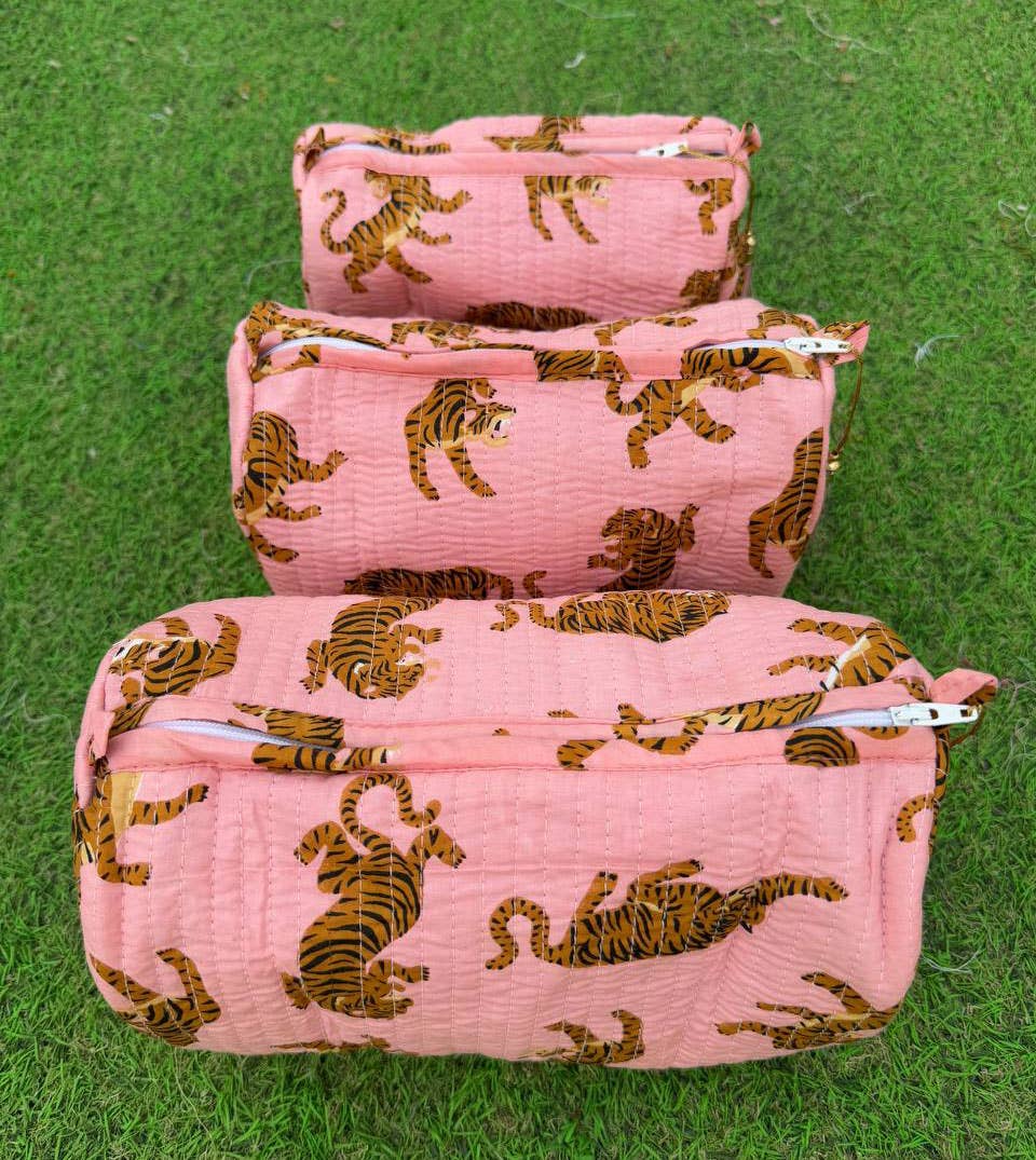 Light Pink Cotton Quilted Bag Tiger Printed Bag Cosmetic Bag