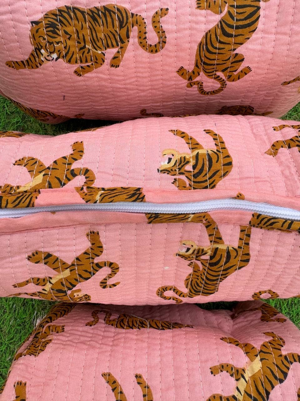 Light Pink Cotton Quilted Bag Tiger Printed Bag Cosmetic Bag