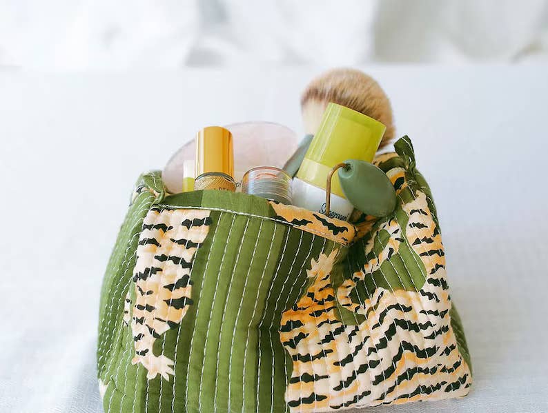 Green Quilted Striped Tiger Makeup Bag Green Quilted Striped