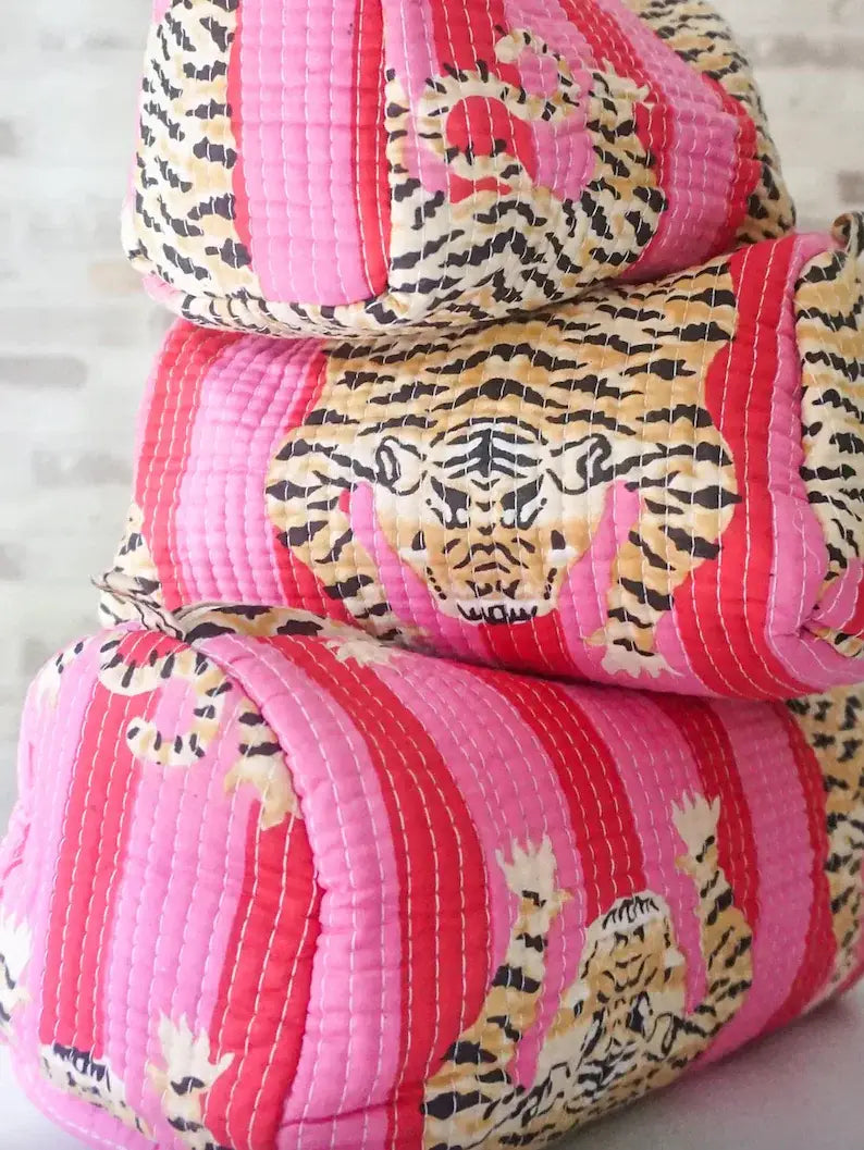 Pink Quilted Striped Tiger Makeup Bag Green Quilted Striped