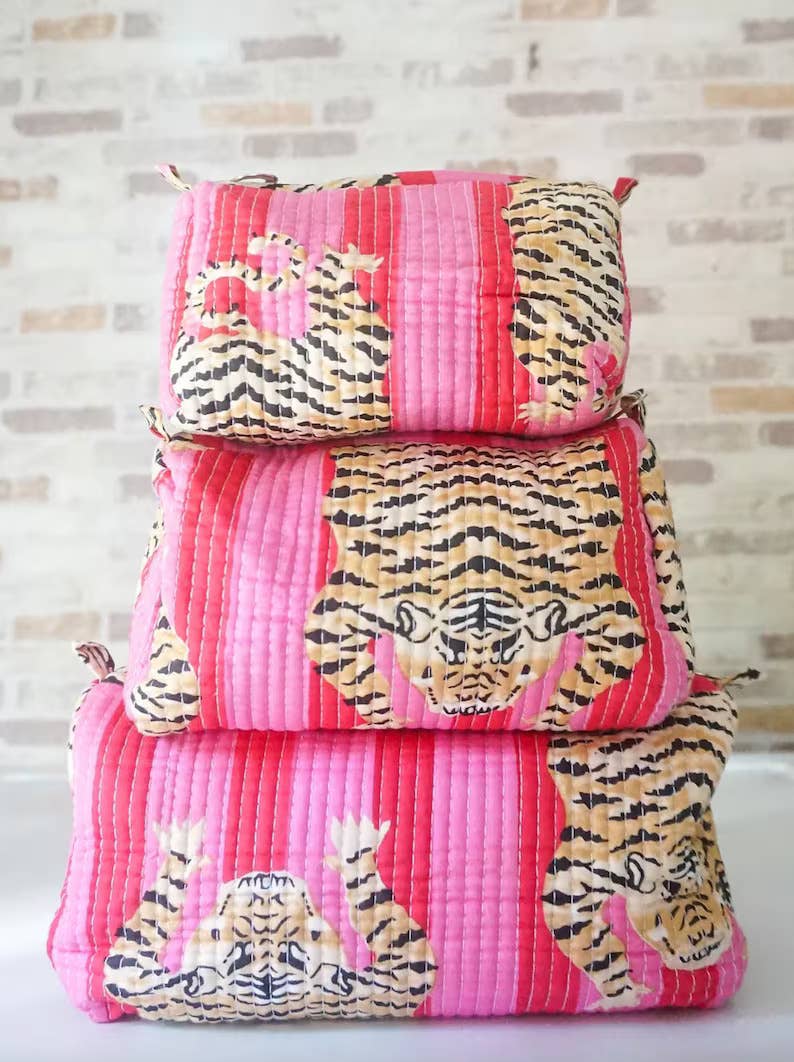 Pink Quilted Striped Tiger Makeup Bag Green Quilted Striped